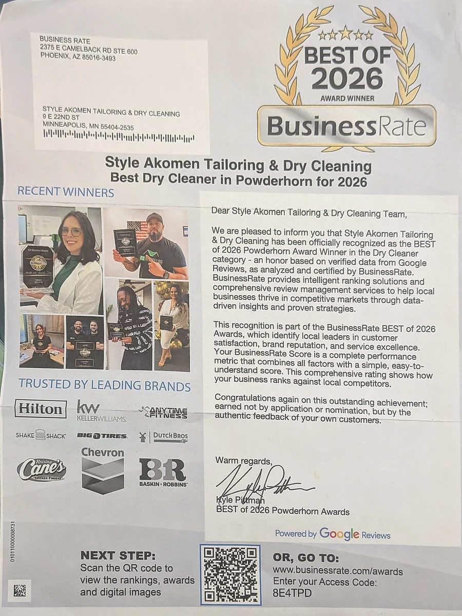 Authentic BusinessRate Best of 2026 recognition naming Style Akomen Tailoring & Dry Cleaning as Best Dry Cleaner in Powderhorn for 2026