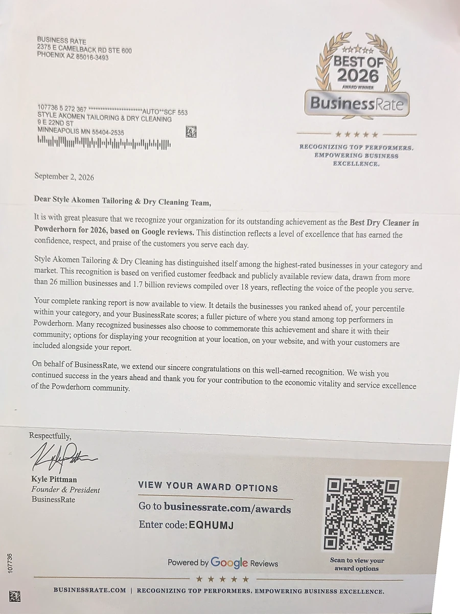 Authentic BusinessRate recognition letter dated September 2, 2026 addressed to Style Akomen Tailoring & Dry Cleaning, including the original signature and award details